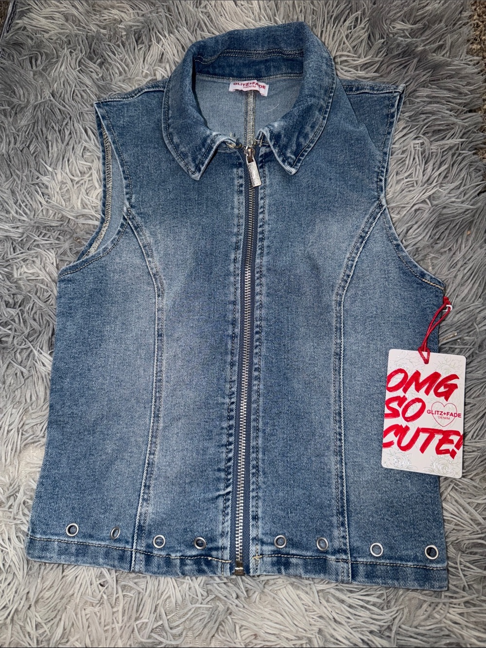 Glitz Sleeveless Zip-Front Denim Vest in Classic Blue